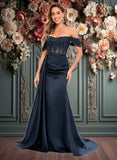 Coral Trumpet/Mermaid Off the Shoulder Sweep Train Satin Prom Dresses With Sequins Appliques Lace JLP0025835