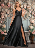 Jacey A-line V-Neck Floor-Length Stretch Satin Prom Dresses With Bow JLP0025882