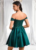 Diya A-line Off the Shoulder Short Lace Satin Homecoming Dress With Rhinestone JLP0025718