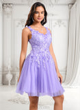 Raquel Ball-Gown/Princess V-Neck Short Lace Tulle Homecoming Dress With Flower JLP0025656