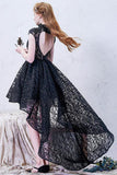 A-line High Neck Asymmetrical Lace Black Open Back High Low Modern Prom Dresses JS778