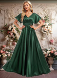 Hazel A-line V-Neck Floor-Length Stretch Satin Bridesmaid Dress JLP0025782