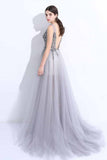 2024 New A-Line V-Neck Grey Tulle Beaded Long Sleeveless Backless Prom Dresses with Split JS884