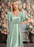 Bridget A-line V-Neck Asymmetrical Stretch Satin Bridesmaid Dress With Ruffle JLP0025772