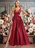 Greta A-line V-Neck Floor-Length Satin Bridesmaid Dress JLP0025775