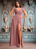 Emelia A-line V-Neck Floor-Length Chiffon Bridesmaid Dress With Ruffle JLP0025751