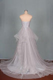 Gray A Line Court Train Sweetheart Sleeveless Mid Back Ruffles Long Prom Dresses