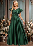 Leanna A-line V-Neck Floor-Length Satin Bridesmaid Dress With Ruffle JLP0025777