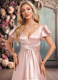 Yazmin A-line V-Neck Floor-Length Stretch Satin Bridesmaid Dress With Ruffle JLP0025787