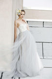 Sexy Top A-line White Lace Grey Tulle Strapless Sweetheart Neck Wedding Dress JS357