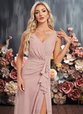 Presley A-line V-Neck Floor-Length Chiffon Bridesmaid Dress JLP0025820