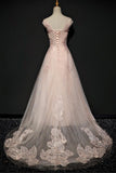 Pink A Line Brush Train V Neck Capped Sleeve Lace Up Appliques Prom Dresses