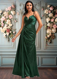 Makena A-line V-Neck Floor-Length Stretch Satin Bridesmaid Dress JLP0025745