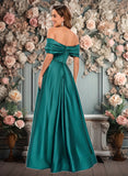 Josephine A-line Off the Shoulder Floor-Length Satin Prom Dresses With Pleated JLP0025851