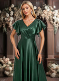 Sage A-line V-Neck Floor-Length Stretch Satin Bridesmaid Dress With Ruffle JLP0025773