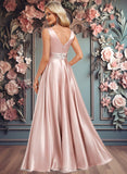 Millicent A-line V-Neck Floor-Length Stretch Satin Bridesmaid Dress JLP0025779