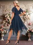 Maritza A-line V-Neck Asymmetrical Chiffon Bridesmaid Dress With Ruffle JLP0025804