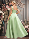 Ida A-line Square Floor-Length Satin Bridesmaid Dress With Bow JLP0025778