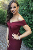 2024 Charming Off the Shoulder Burgundy Satin Mermaid Long Prom Dresses With Slit JS384