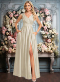 Claire A-line V-Neck Floor-Length Satin Prom Dresses JLP0025877