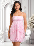 Elaina A-line Straight Mini Lace Homecoming Dress With Bow Flower JLP0025670