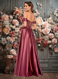 Gabriela A-line Off the Shoulder Floor-Length Satin Lace Prom Dresses With Sequins JLP0025841