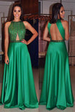 Green Sleeveless A Line Open Back Beading Prom Dresses