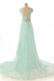 Hot Sale A-line V-Neck Beads Sleeveless Chapel Train Empire Green Chiffon Prom Dresses JS803