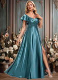 Reyna A-line V-Neck Floor-Length Stretch Satin Bridesmaid Dress With Ruffle JLP0025780