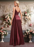 Ellen A-line V-Neck Floor-Length Stretch Satin Bridesmaid Dress With Ruffle JLP0025785