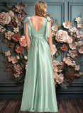 Aileen A-line V-Neck Floor-Length Stretch Satin Bridesmaid Dress With Bow JLP0025737