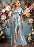 Corinne A-line V-Neck Floor-Length Stretch Satin Bridesmaid Dress With Ruffle JLP0025767