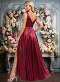 Kayley A-line V-Neck Floor-Length Stretch Satin Bridesmaid Dress JLP0025771