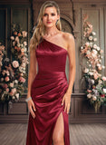 Abbey A-line One Shoulder Floor-Length Stretch Satin Bridesmaid Dress With Bow JLP0025758