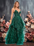 Rachel Ball-Gown/Princess V-Neck Floor-Length Lace Floral Prom Dresses With Sequins JLP0025838