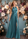 Toni A-line Halter Floor-Length Stretch Satin Bridesmaid Dress JLP0025731