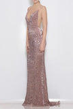 Pink Sheath Sweep Train Deep V Neck Sleeveless Backless Sparkle Long Prom Dresses