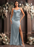 Paityn A-line V-Neck Floor-Length Stretch Satin Bridesmaid Dress JLP0025728