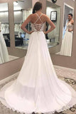 Elegant Spaghetti Straps V Neck Chiffon Appliques Split Side Wedding Dresses