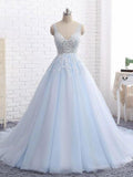 Sexy Ball Gown Tulle Sky Blue V-neck Appliques Brush Train Long Sleeveless Prom Dresses UK JS505