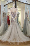 Gray Trumpet Court Train High Neck Short Sleeve Keyhole Back Floral Appliques Prom Dresses