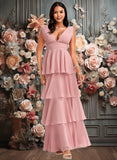 Litzy A-line V-Neck Floor-Length Chiffon Bridesmaid Dress JLP0025749