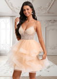 Coral Ball-Gown/Princess V-Neck Short Tulle Homecoming Dress With Beading Sequins JLP0025646