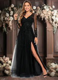 Allison A-line V-Neck Floor-Length Tulle Prom Dresses With Sequins Appliques Lace Beading JLP0025834