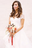 A-Line Short Sleeve Long Ivory Tulle Sweetheart Beaded Cute Backless Wedding Dresses UK JS335