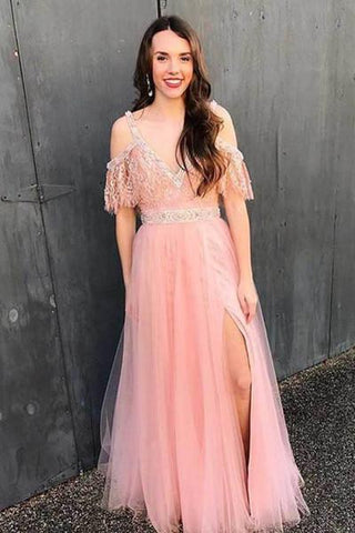 Pretty tulle lace V-neck slit off-shoulder long dress summer prom dresses JS812