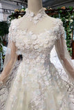 Prom Dresses Tulle High Neck Long Sleeves Handmade Flower Sequins