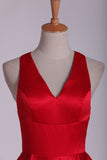 Red V Neck Evening Dresses A Line Sweep Train With Slit & Ruffles