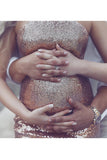 Sexy Open Back Pregnant Prom Dresses Scoop Mermaid Sequin Sweep Train