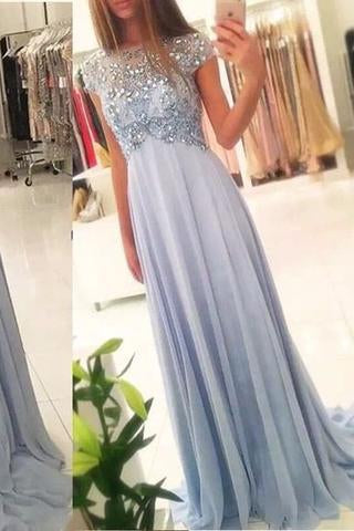 New Arrival Beaded Scoop Handmade Stones Long A-Line Chiffon Prom Dresses JS176